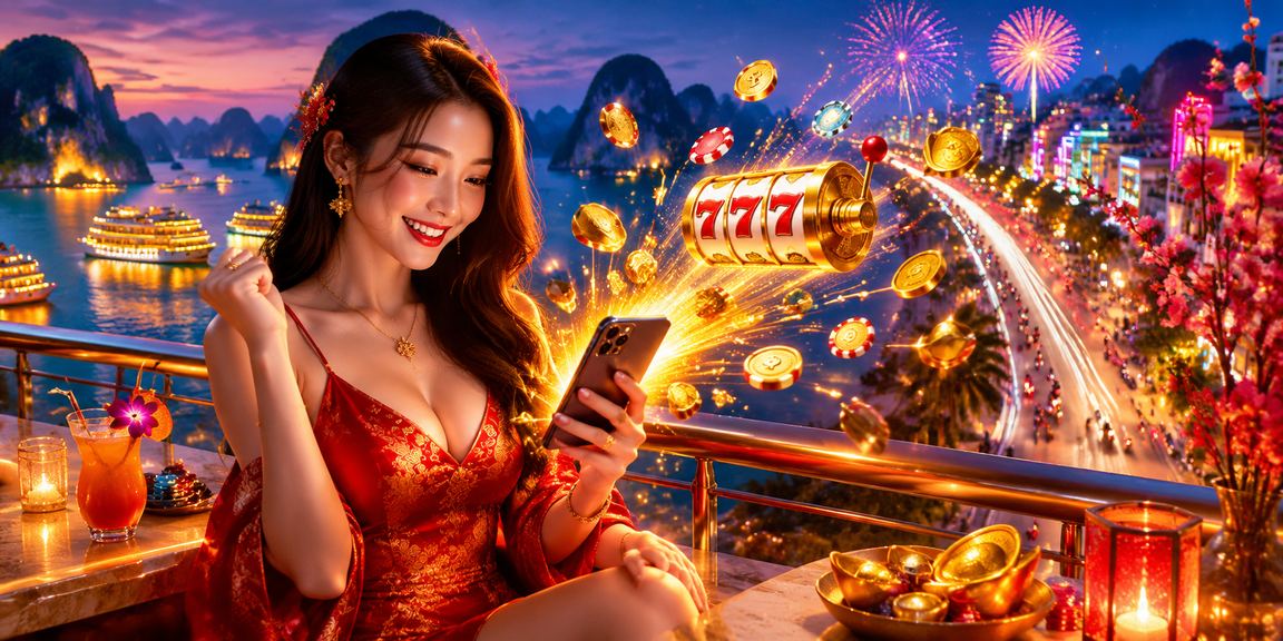 Người chơi trải nghiệm slots jackpot neon sáng rực tại khu vực vịnh Hạ Long về đêm
